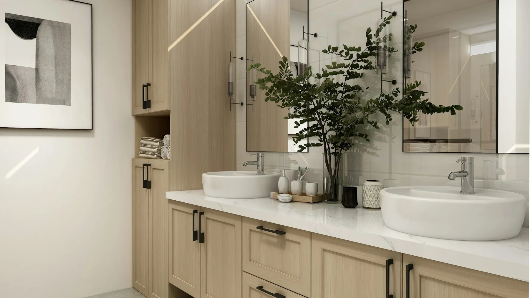 Finished bathroom with double vanity and large mirrors